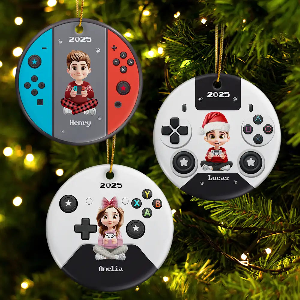 Gift For Kids, Gift For Grandkids, Happy, Christmas, Non-Eng - 3D Effect Kids Gamer - Personalized Combo Circle Ceramic Ornament Set