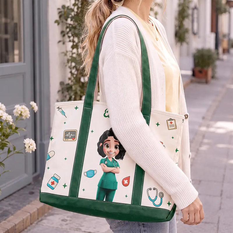 Nurse,Vector,Happy - 3D Effect Nurse Name - Personalized Fabric Tote Bag