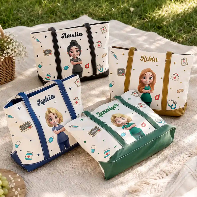 Nurse,Vector,Happy - 3D Effect Nurse Name - Personalized Fabric Tote Bag