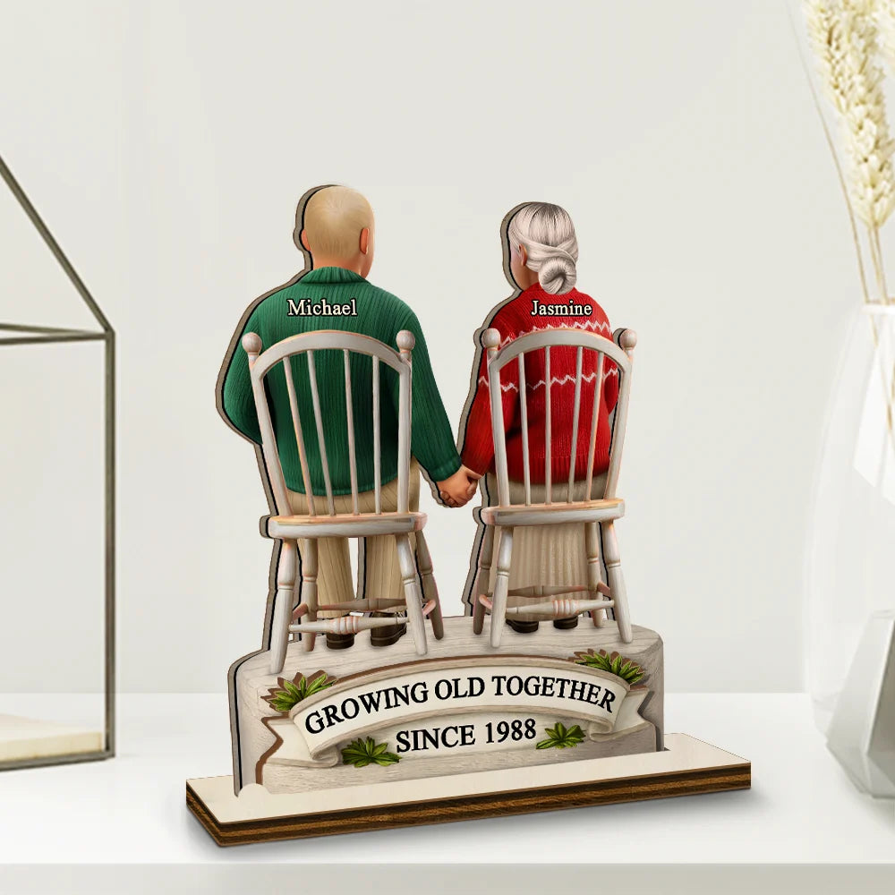 Old Couples,Gift For Women,Gift For Men,Gift For Husband,Gift For Wife,Love,Top Market - 3D Effect Old Couple Growing Old Together - Personalized Custom Shaped 2-Layered Wooden Plaque
