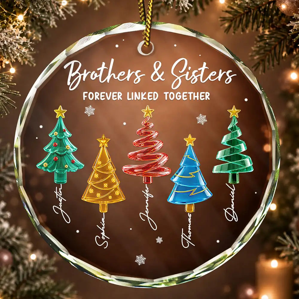 3D Effect Pine Trees Brothers & Sisters Forever Linked Together - Personalized Circle Glass Ornament