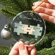Happy, Family, Christmas - 3D Effect Puzzle Family - Personalized Circle Glass Ornament