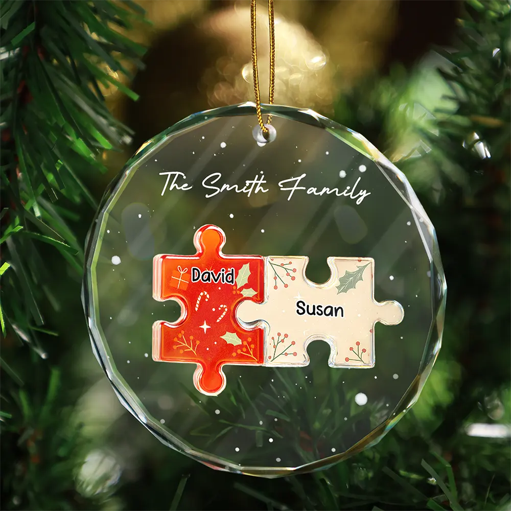 Happy, Family, Christmas - 3D Effect Puzzle Family - Personalized Circle Glass Ornament