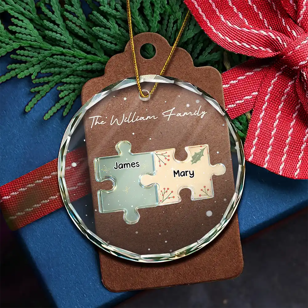 Happy, Family, Christmas - 3D Effect Puzzle Family - Personalized Circle Glass Ornament