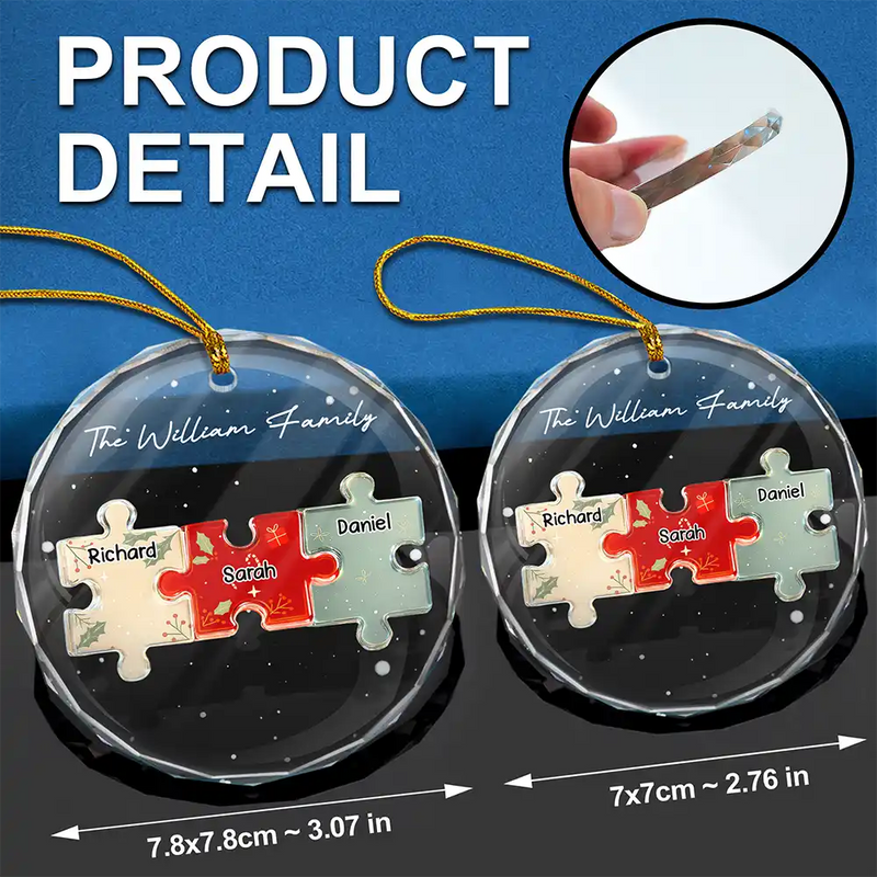 Happy, Family, Christmas - 3D Effect Puzzle Family - Personalized Circle Glass Ornament