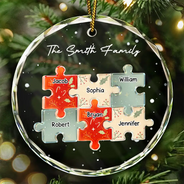 Happy, Family, Christmas - 3D Effect Puzzle Family - Personalized Circle Glass Ornament