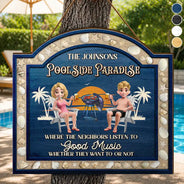 Poolside,Outdoor Decor,Summer,Gift For Couples,Humorous,Vector - 3D Effect Sea Shells Frame Poolside Paradise - Personalized Custom Shaped Wood Sign