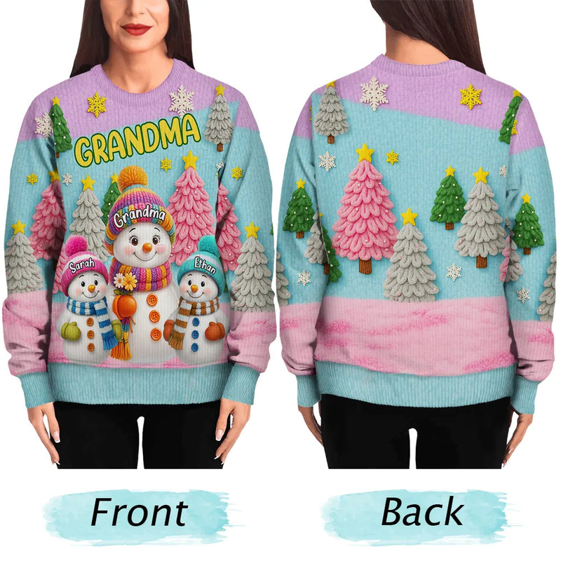 Gift For Grandma,Grandma,Grandkids,Gift For Grandkids,Happy,Christmas,Top Market - 3D Effect Snowman Grandma Nana & Grandkids - Personalized Unisex Ugly Sweater