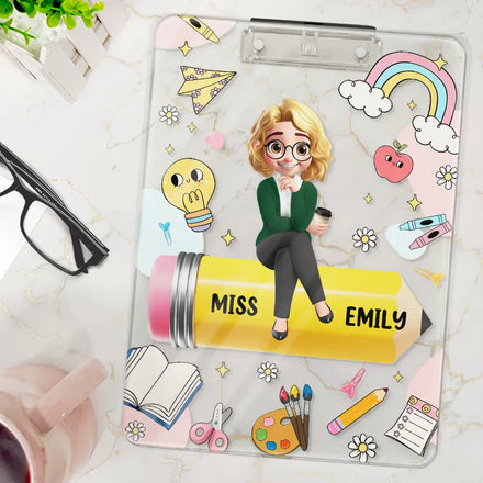 3D Effect Teacher Sitting On Pencil - Personalized Acrylic Clipboard