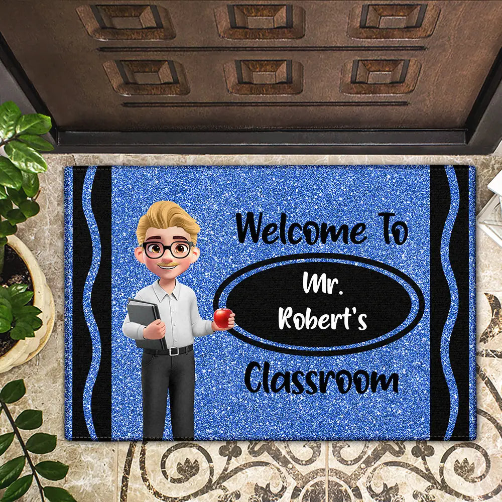 Top Market, Teacher, Inspirational, Back To School, Vector - 3D Effect Teacher Welcome To Classroom Faux Glitter Effect - Personalized Doormat