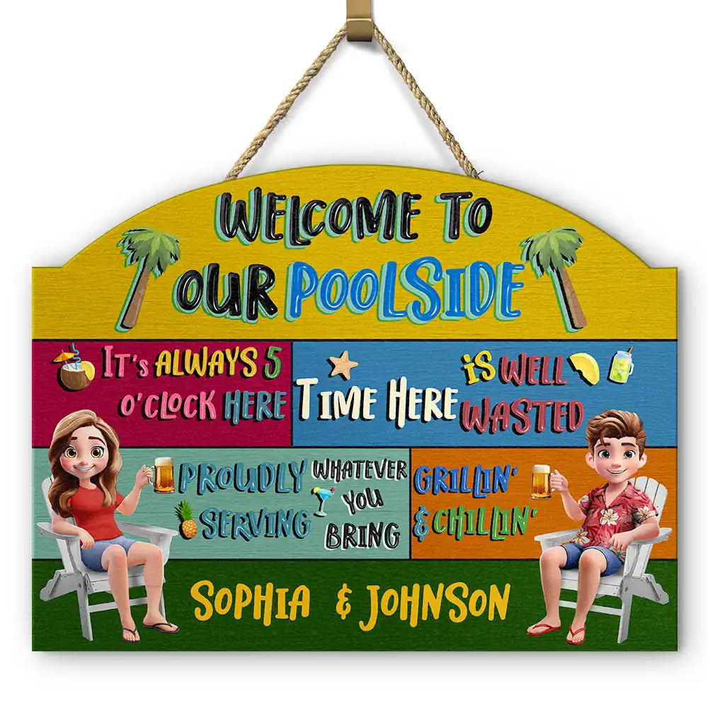 Gift For Couples,Gift For Husband,Gift For Wife,Gift For Boyfriend,Gift For Girlfriend - 3D Effect Welcome To Our Pool - Personalized Custom Shaped Wood Sign