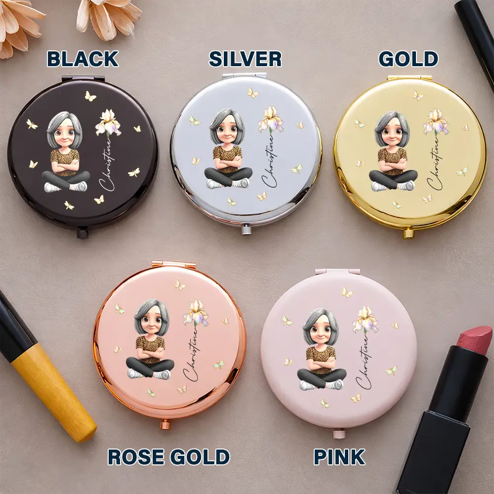 Gift For Women,Gift For Daughter,Gift For Mother,Gift For Sisters,Gift For Bestie,Happy - 3D Effect Woman Kid Girl Sitting With Birth Flowers - Personalized Compact Mirror