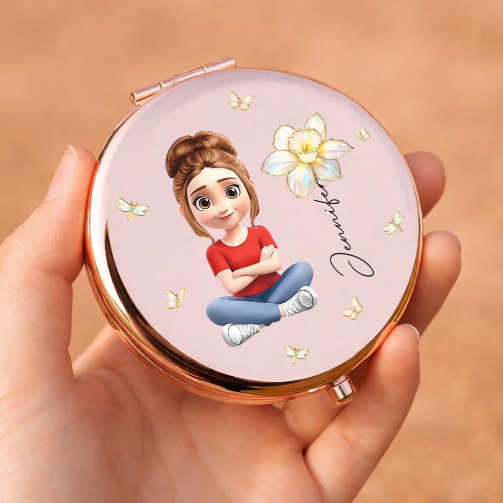 Gift For Women,Gift For Daughter,Gift For Mother,Gift For Sisters,Gift For Bestie,Happy - 3D Effect Woman Kid Girl Sitting With Birth Flowers - Personalized Compact Mirror