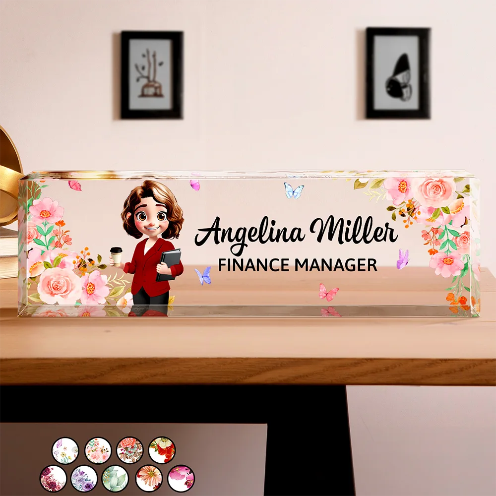 Officer, Gift For Women, Gift For Men, Happy, Gifts For Colleagues - 3D Effect Woman Man Office Floral - Personalized Desk Name Plate