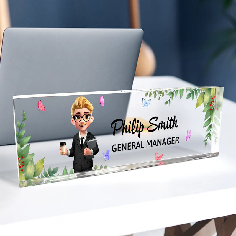 Officer, Gift For Women, Gift For Men, Happy, Gifts For Colleagues - 3D Effect Woman Man Office Floral - Personalized Desk Name Plate