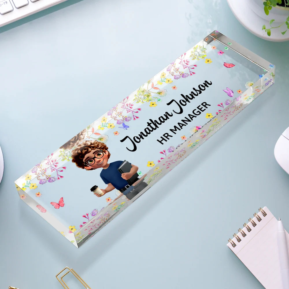 Officer, Gift For Women, Gift For Men, Happy, Gifts For Colleagues - 3D Effect Woman Man Office Floral - Personalized Desk Name Plate