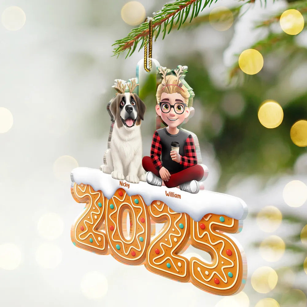 Pet Lovers,Pet Mom,Pet Dad,Dog Lovers,Dog Mom,Dog Dad,Cat Lovers,Cat Mom,Cat Dad,Christmas,Gift For Women,Gift For Men,Gift For Yourself,Happy - 3D Effect Woman Man Sitting With Dog Cat Christmas Gingerbread - Personalized Custom Shaped Acrylic Ornament