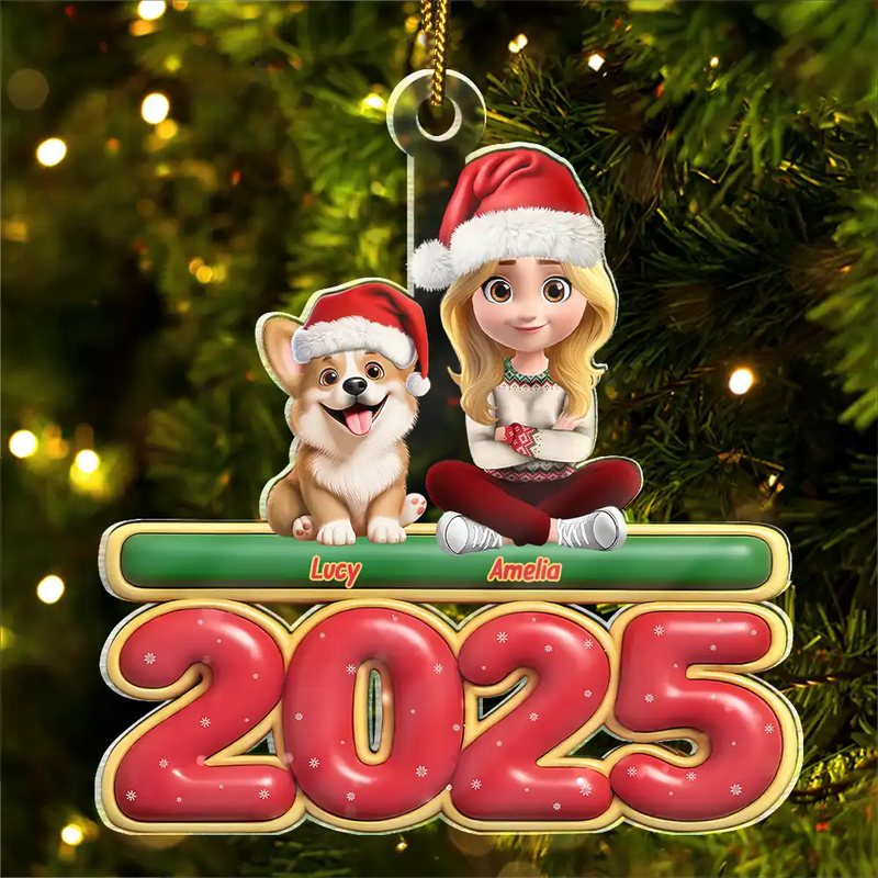 Christmas,Pet Lovers,Pet Mom,Pet Dad,Dog Lovers,Dog Mom,Dog Dad,Happy - 3D Effect Woman Man With Dogs Christmas - Personalized Custom Shaped Acrylic Ornament