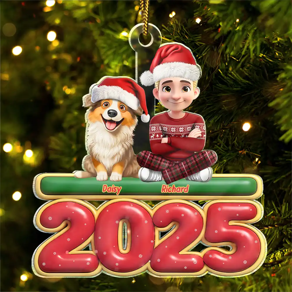 Christmas,Pet Lovers,Pet Mom,Pet Dad,Dog Lovers,Dog Mom,Dog Dad,Happy - 3D Effect Woman Man With Dogs Christmas - Personalized Custom Shaped Acrylic Ornament