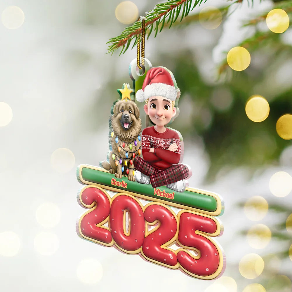 Christmas,Pet Lovers,Pet Mom,Pet Dad,Dog Lovers,Dog Mom,Dog Dad,Happy - 3D Effect Woman Man With Dogs Christmas - Personalized Custom Shaped Acrylic Ornament