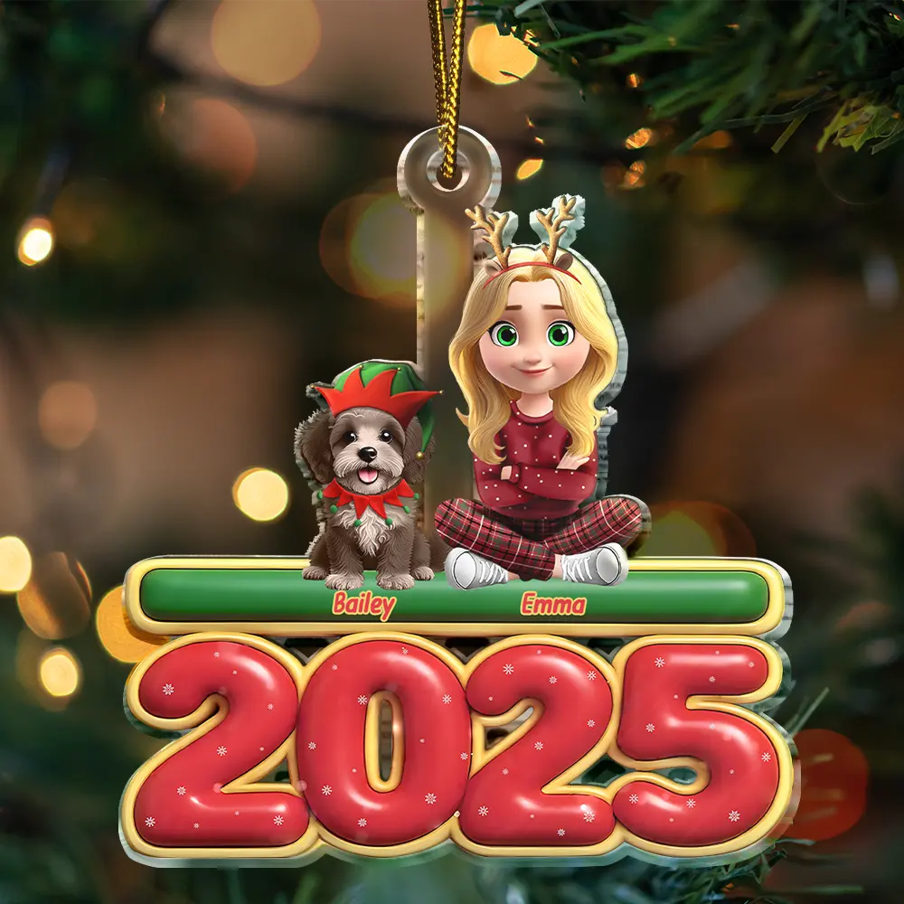 Christmas,Pet Lovers,Pet Mom,Pet Dad,Dog Lovers,Dog Mom,Dog Dad,Happy - 3D Effect Woman Man With Dogs Christmas - Personalized Custom Shaped Acrylic Ornament