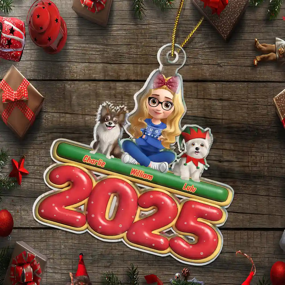 Christmas,Pet Lovers,Pet Mom,Pet Dad,Dog Lovers,Dog Mom,Dog Dad,Happy - 3D Effect Woman Man With Dogs Christmas - Personalized Custom Shaped Acrylic Ornament