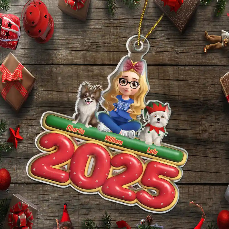 Christmas,Pet Lovers,Pet Mom,Pet Dad,Dog Lovers,Dog Mom,Dog Dad,Happy - 3D Effect Woman Man With Dogs Christmas - Personalized Custom Shaped Acrylic Ornament
