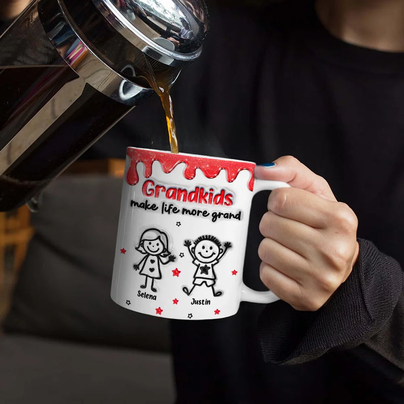 Gift For Grandma,Grandpa - Grandkids,Grandma - Grandkids,Gift For Grandpa,Happy - 3D Inflated Effect Stick Figure Grandkids Make Life More Grand - Personalized White Edge-to-Edge Mug