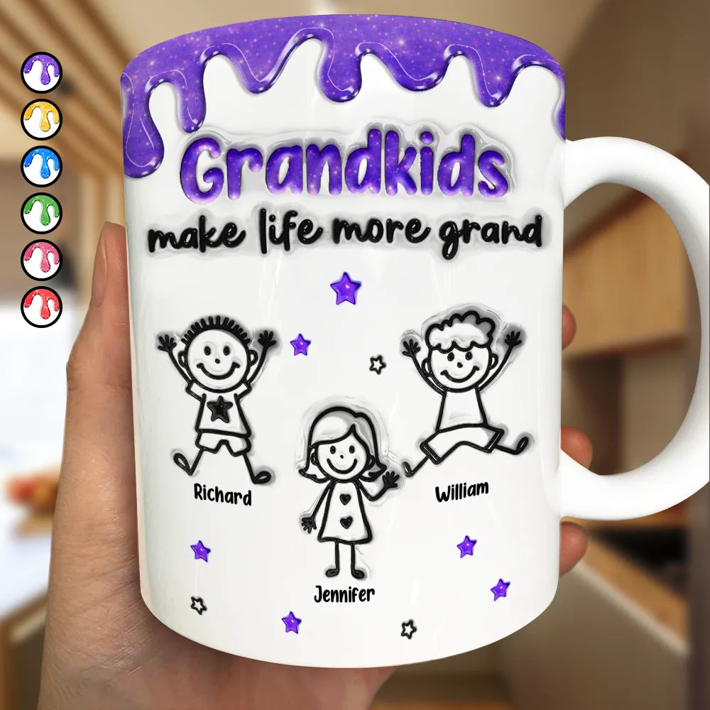 3D Inflated Effect Stick Figure Grandkids Make Life More Grand - Personalized White Edge-to-Edge Mug