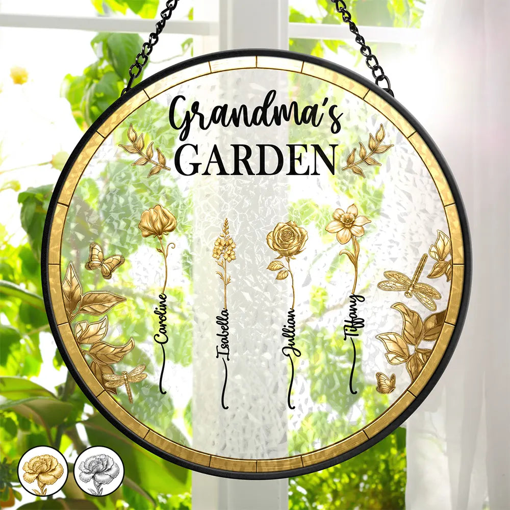 3D Metal Effect Birth Month Flowers Grandmas Moms Garden - Personalized Stained Glass Window Hanging Suncatcher
