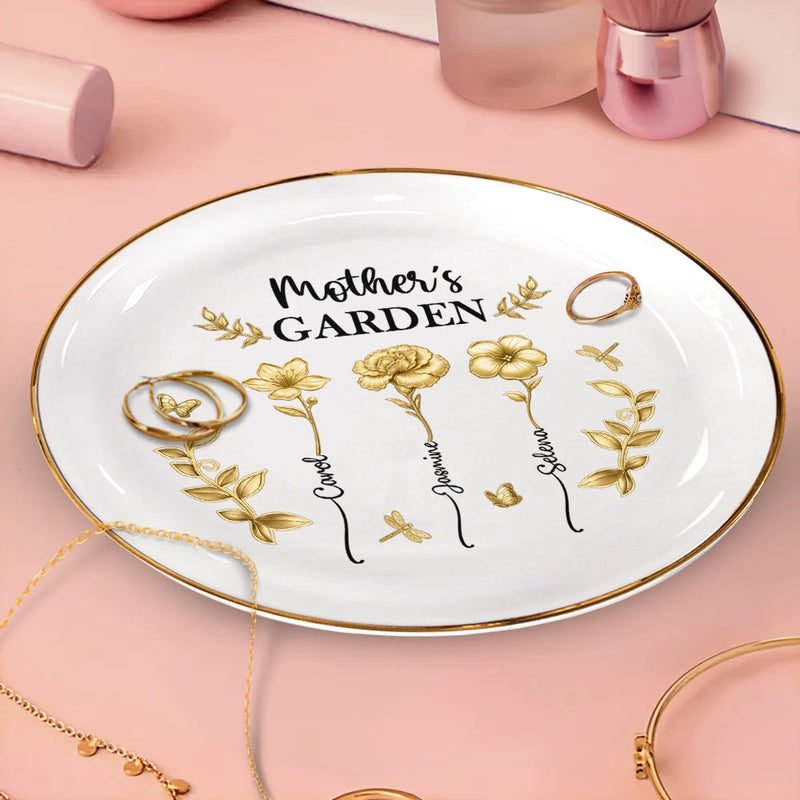 Gift For Women, Gift For Mother, Gift For Grandma, Love - 3D Metal Effect Birth Month Flowers Grandmas Moms Garden - Personalized Round Ring Dish