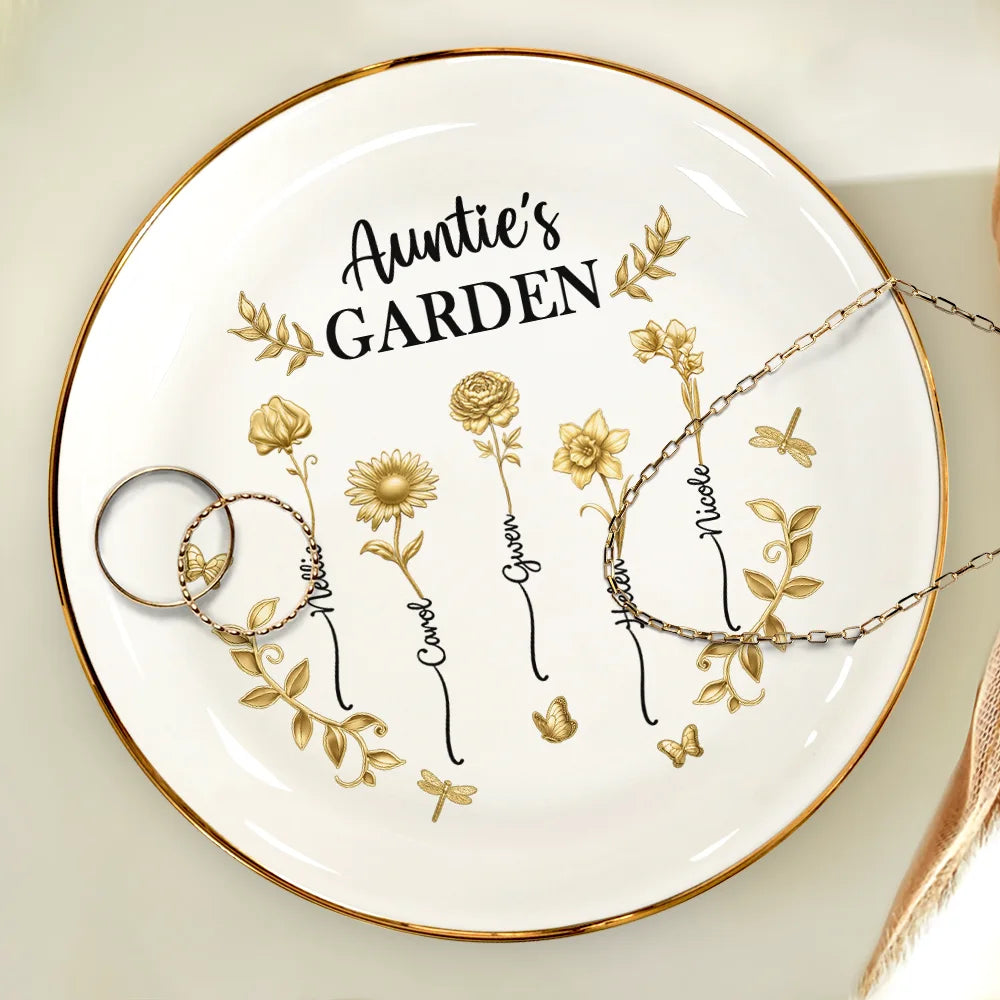 Gift For Women, Gift For Mother, Gift For Grandma, Love - 3D Metal Effect Birth Month Flowers Grandmas Moms Garden - Personalized Round Ring Dish