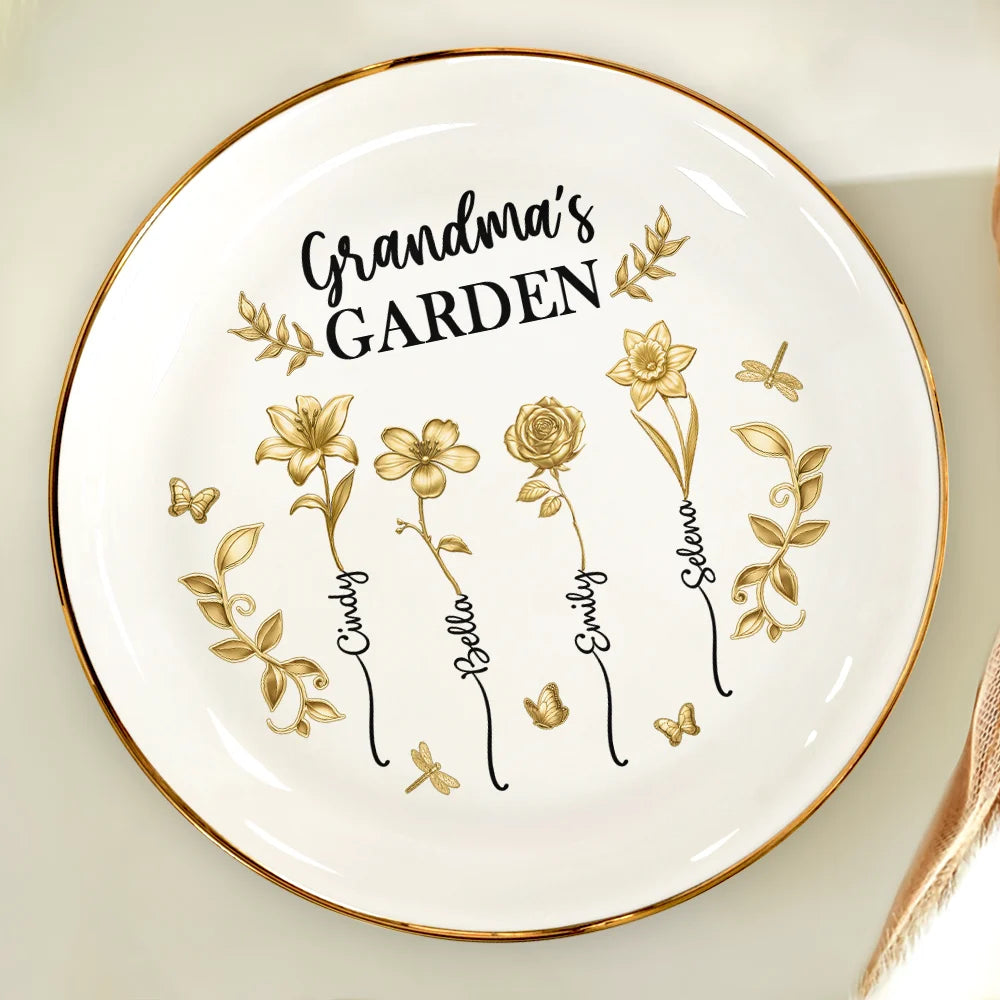 Gift For Women, Gift For Mother, Gift For Grandma, Love - 3D Metal Effect Birth Month Flowers Grandmas Moms Garden - Personalized Round Ring Dish