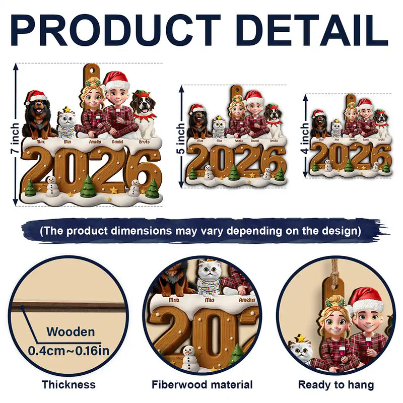 3D Effect Christmas Family And Dog Cat - Personalized Custom Shaped Wooden Ornament