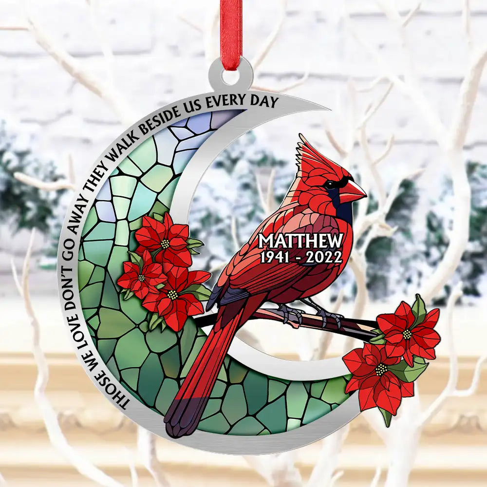 Family,Memorial,Christmas,Love - Memorial Cardinal Stained Glass Moon - Personalized Metal Ornament