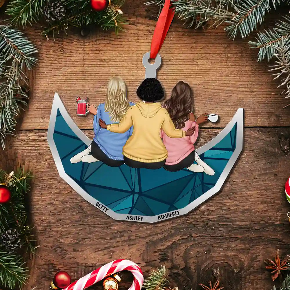 Gift For Bestie, Gift For Sisters, Love, Christmas - Besties Friends Sitting On The Moon Sister Forever - Personalized Metal Ornament