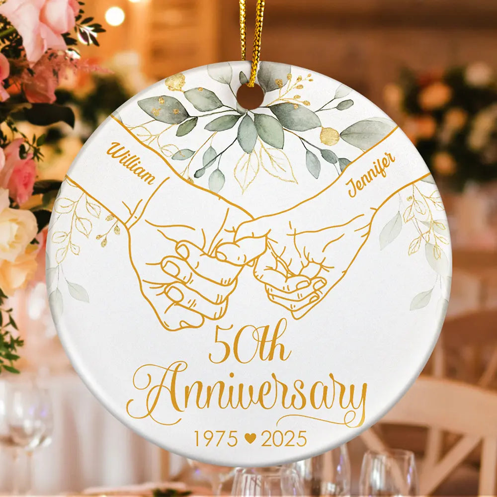 Wedding Anniversary,Gift For Couples,Gift For Husband,Gift For Wife,Happy - 50th Anniversary Forever Holding Hands - Personalized Circle Ceramic Ornament