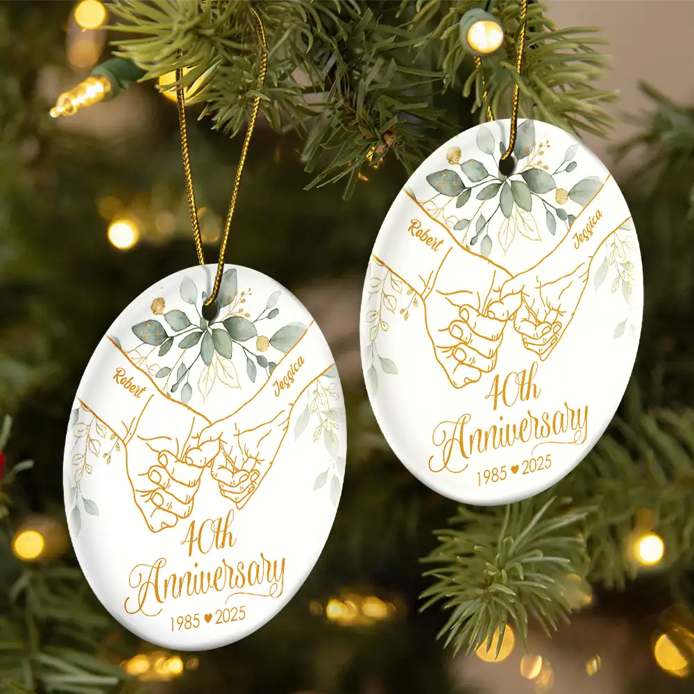 Wedding Anniversary,Gift For Couples,Gift For Husband,Gift For Wife,Happy - 50th Anniversary Forever Holding Hands - Personalized Circle Ceramic Ornament