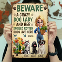 Pet Lovers,Pet Mom,Dog Lovers,Dog Mom,Gardening,Happy - A Crazy Dog Lady And Her Dogs Live Here - Personalized Classic Metal Signs