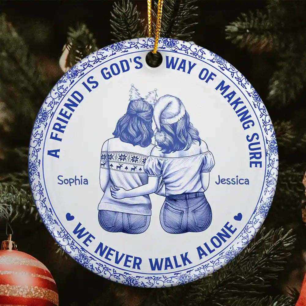 A Friend Is God's Way Toile Besties - Personalized Circle Ceramic Ornament
