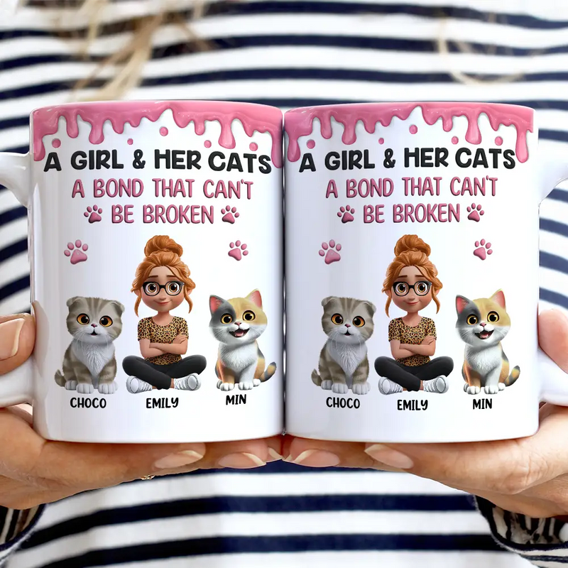 Cat Lovers, Cat Mom, Cat Dad, Pet Lovers, Happy - A Girl And Her Cat A Bond That Can't Be Broken - Personalized White Edge-to-Edge Mug