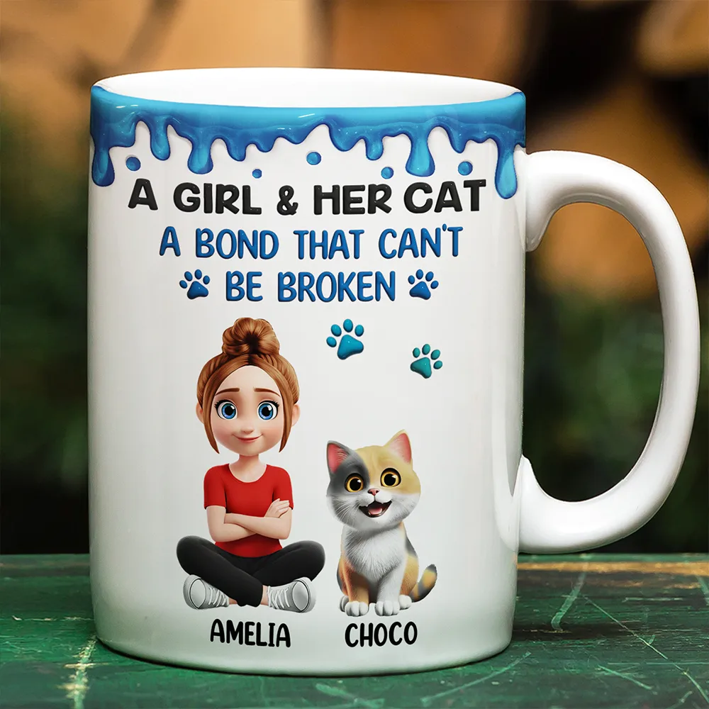 Cat Lovers, Cat Mom, Cat Dad, Pet Lovers, Happy - A Girl And Her Cat A Bond That Can't Be Broken - Personalized White Edge-to-Edge Mug