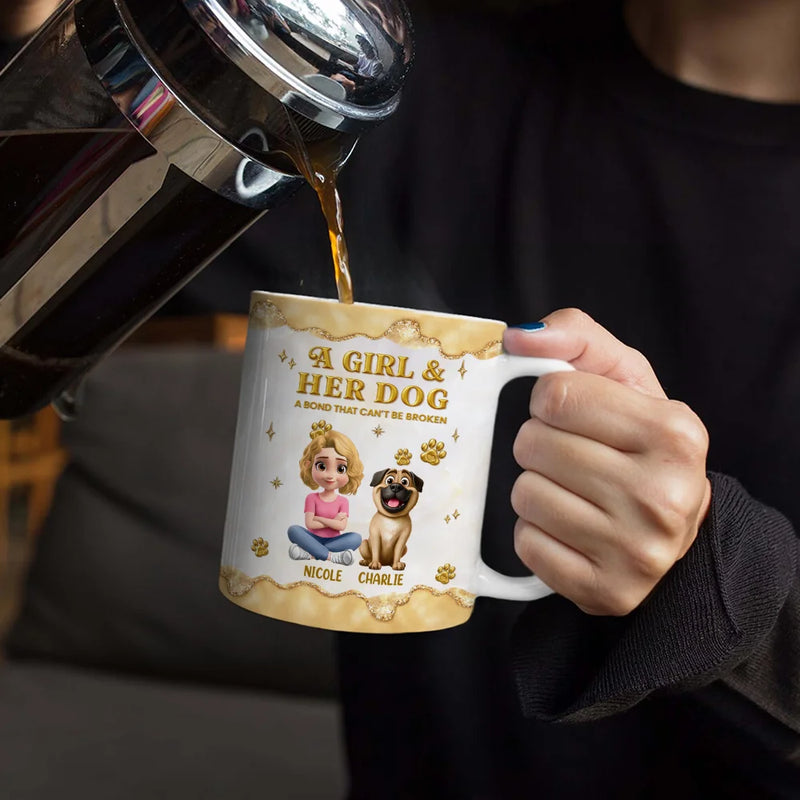 Dog Mom,Dog Lovers,Happy - A Girl And Her Dog A Bond Can't Be Broken Gold Effect - Personalized White Edge-to-Edge Mug