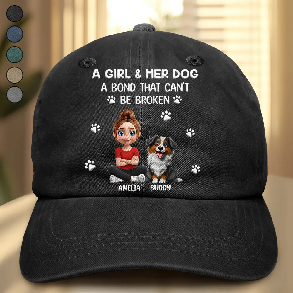 A Girl And Her Dog A Bond That Can't Be Broken - Personalized Vintage Washed Denim Cap