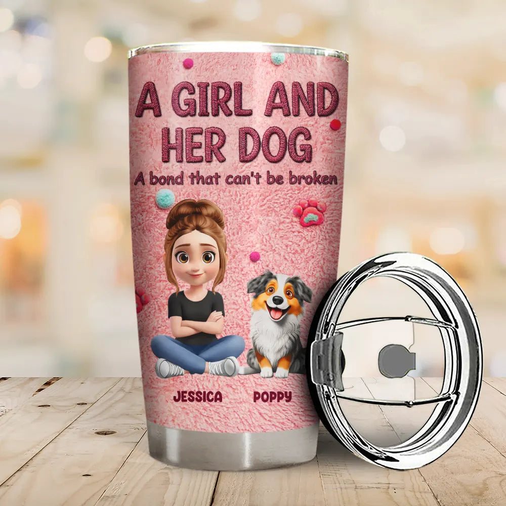 Pet Lovers, Pet Mom, Pet Dad, Dog Lovers, Dog Mom, Dog Dad, Happy - A Girl And Her Dog Embroidery Effect - Personalized Tumbler