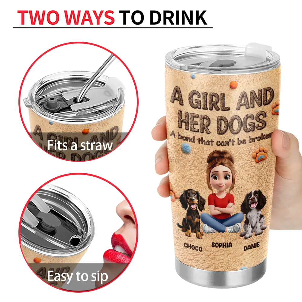 Pet Lovers, Pet Mom, Pet Dad, Dog Lovers, Dog Mom, Dog Dad, Happy - A Girl And Her Dog Embroidery Effect - Personalized Tumbler