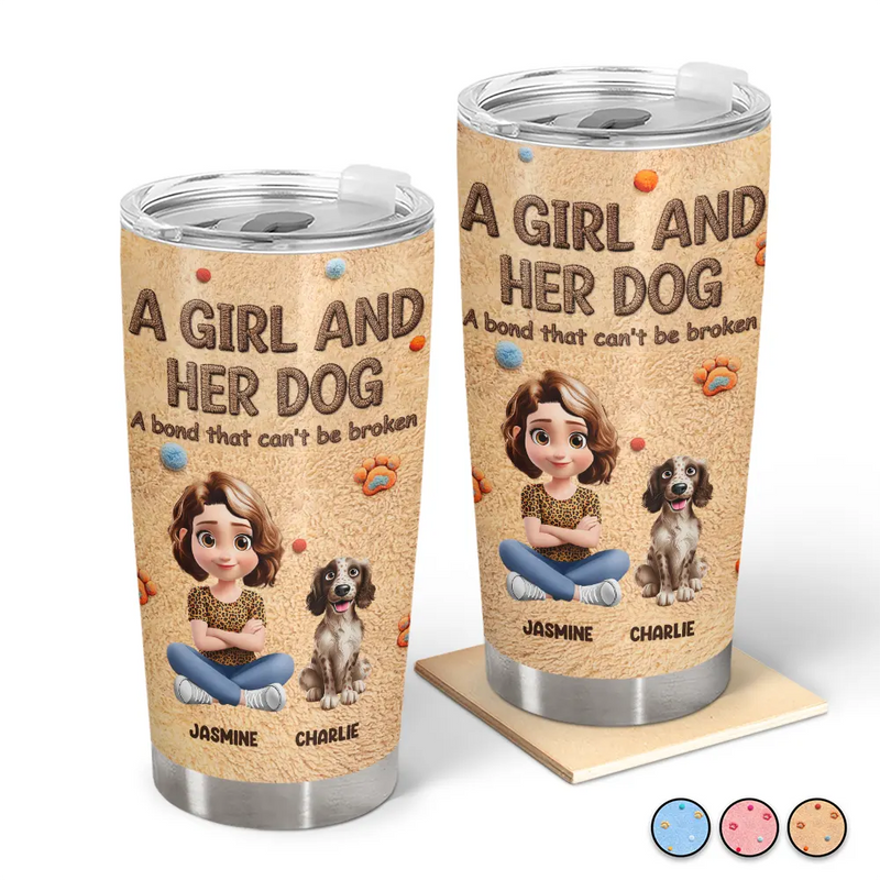 Pet Lovers, Pet Mom, Pet Dad, Dog Lovers, Dog Mom, Dog Dad, Happy - A Girl And Her Dog Embroidery Effect - Personalized Tumbler