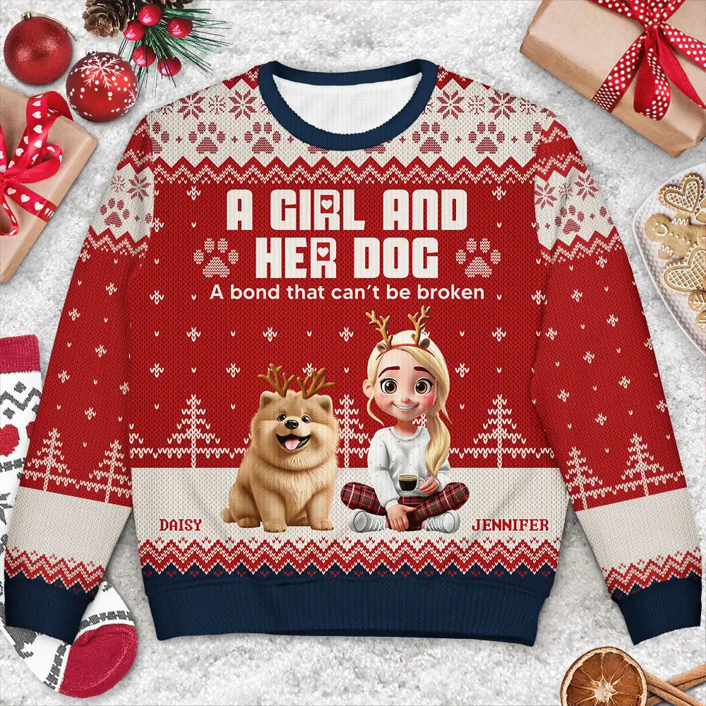 Christmas, Pet Lovers, Pet Mom, Pet Dad, Happy - A Girl And Her Dogs - Personalized Unisex Ugly Sweater