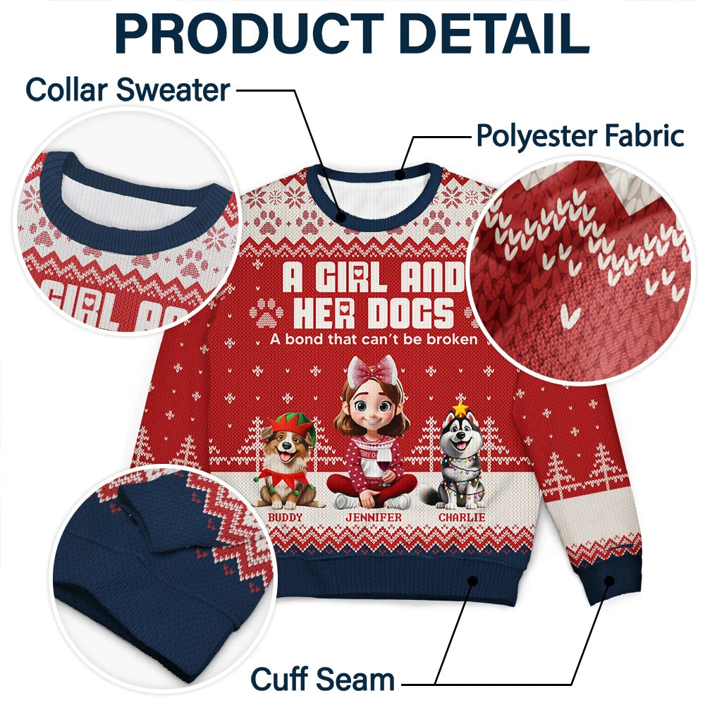 Christmas, Pet Lovers, Pet Mom, Pet Dad, Happy - A Girl And Her Dogs - Personalized Unisex Ugly Sweater