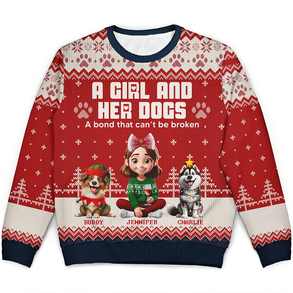 Christmas, Pet Lovers, Pet Mom, Pet Dad, Happy - A Girl And Her Dogs - Personalized Unisex Ugly Sweater